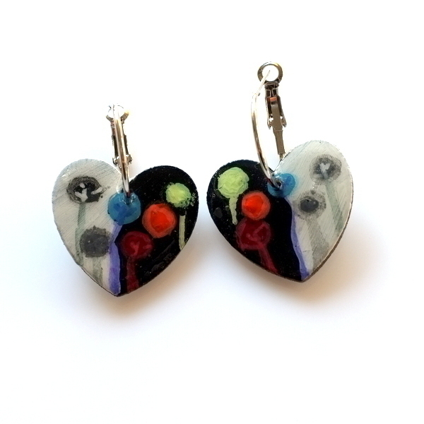 Ξύλινα Σκουλαρίκια Καρδιά - ξύλο, ζωγραφισμένα στο χέρι, καρδιά, κρίκοι, φθηνά - 2