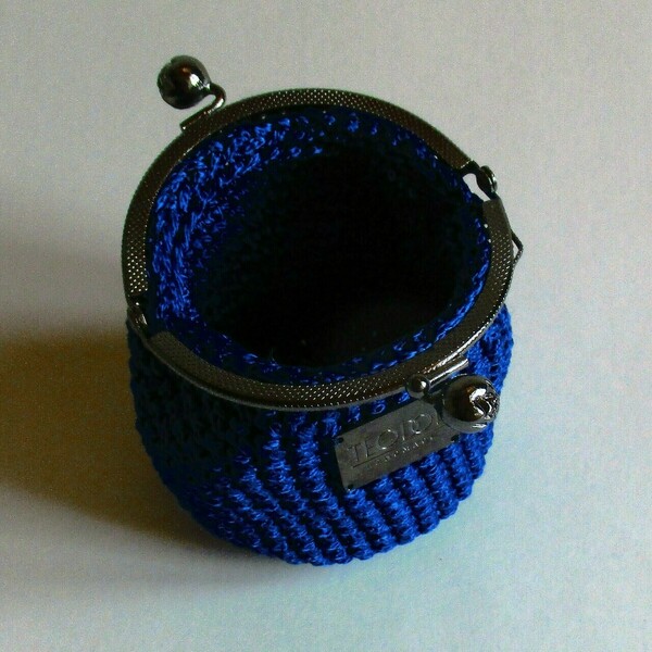 Blue electric vintage coin purse - πορτοφόλι κερμάτων κλικ κλακ πλεγμένο με κορδόνι με διαστάσεις 11*13*7 - vintage, χειροποίητα, δώρα για γυναίκες, πορτοφόλια κερμάτων - 3
