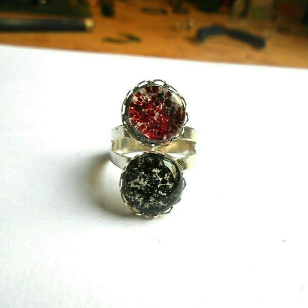 Διπλό Δαχτυλίδι Μαύρο-Κόκκινο - γυαλί, επάργυρα, rock, αυξομειούμενα - 3