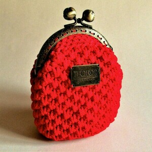 Vintage coin purse - πορτοφόλι κερμάτων σε ζωηρό κόκκινο χρώμα, πλεγμένο με κορδόνι, διαστάσεων 13*11*6 - vintage, νήμα, δώρα για γυναίκες, πορτοφόλια κερμάτων - 2