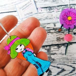 Κορίτσι με καπέλο και Λουλούδι Ζωγραφιστά σκουλαρίκια - ζωγραφισμένα στο χέρι, λουλούδι, μικρά, ατσάλι, κρεμαστά - 3
