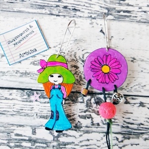 Κορίτσι με καπέλο και Λουλούδι Ζωγραφιστά σκουλαρίκια - ζωγραφισμένα στο χέρι, λουλούδι, μικρά, ατσάλι, κρεμαστά - 4
