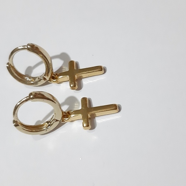 Cross earrings - επιχρυσωμένα, σταυρός, κρίκοι, μικρά - 2