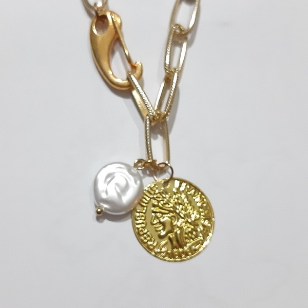 Coin necklace - μακριά, ατσάλι, πέρλες, κωνσταντινάτα
