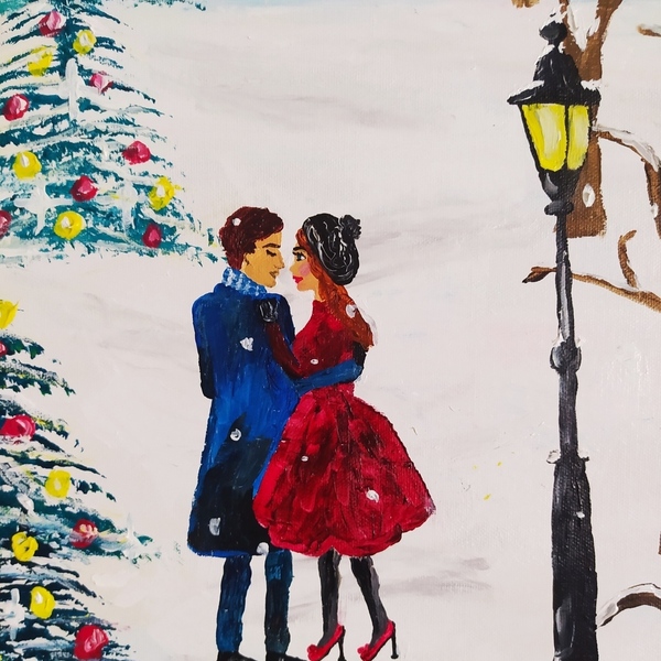 Αγάπη στο χιόνι, ζωγραφισμένος στο χέρι καμβάς - πίνακες & κάδρα - 2