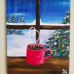 Καφεδάκι στο χιόνι, χειροποίητος καμβάς με ακρυλικά χρώματα - πίνακες & κάδρα
