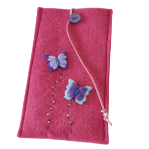 Ροζ θήκη για κινητό με πεταλούδες και χάντρες - τσόχα, δώρο, χειροποίητα, θήκες - 2