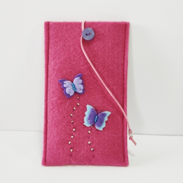 Ροζ θήκη για κινητό με πεταλούδες και χάντρες - τσόχα, δώρο, χειροποίητα, θήκες - 3