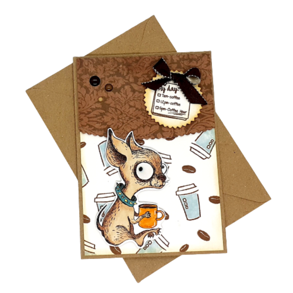 Ευχετήρια κάρτα - Coffee addicted - σκυλάκι, γενέθλια, χιουμοριστικό