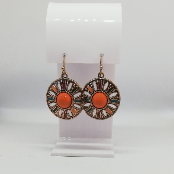 Ethnic μικρά στρογγυλά σκουλαρίκια σε πορτοκαλί απόχρωση - μικρά, boho, κρεμαστά, faux bijoux, φθηνά - 2
