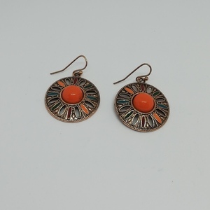 Ethnic μικρά στρογγυλά σκουλαρίκια σε πορτοκαλί απόχρωση - μικρά, boho, κρεμαστά, faux bijoux, φθηνά