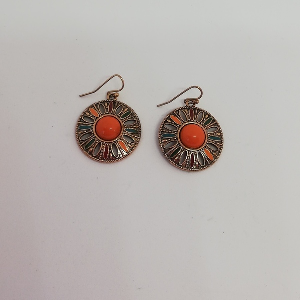Ethnic μικρά στρογγυλά σκουλαρίκια σε πορτοκαλί απόχρωση - μικρά, boho, κρεμαστά, faux bijoux, φθηνά - 3