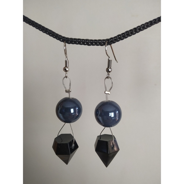 Σκουλαρίκια χειροποίητα "Diamond Black" - μπλε, γυαλί, πηλός, κρεμαστά, μεγάλα - 2