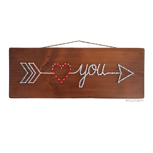 Ξύλινη πινακίδα με καρφιά & κλωστές "Love You" 33x12cm - ξύλο, αγάπη, διακοσμητικά, δώρα αγίου βαλεντίνου, αγ. βαλεντίνου