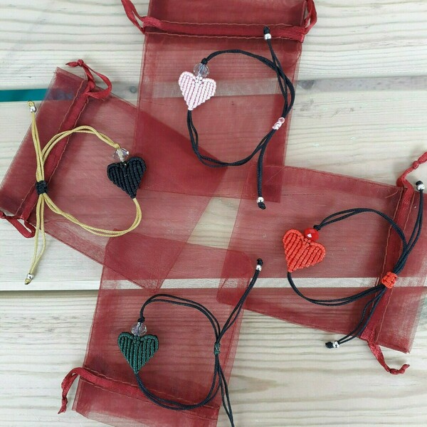 Βραχιόλι Ροζ καρδιά με κρυστάλλινη χάντρα - καρδιά, μακραμέ, χεριού, αυξομειούμενα - 2