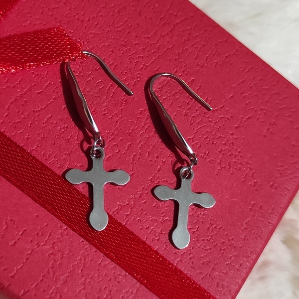 Ατσάλινα σκουλαρίκια σταυρός ασημί - σταυρός, μαμά, ατσάλι, κρεμαστά, δώρα για γυναίκες - 3