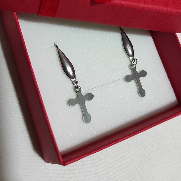 Ατσάλινα σκουλαρίκια σταυρός ασημί - σταυρός, μαμά, ατσάλι, κρεμαστά, δώρα για γυναίκες - 4