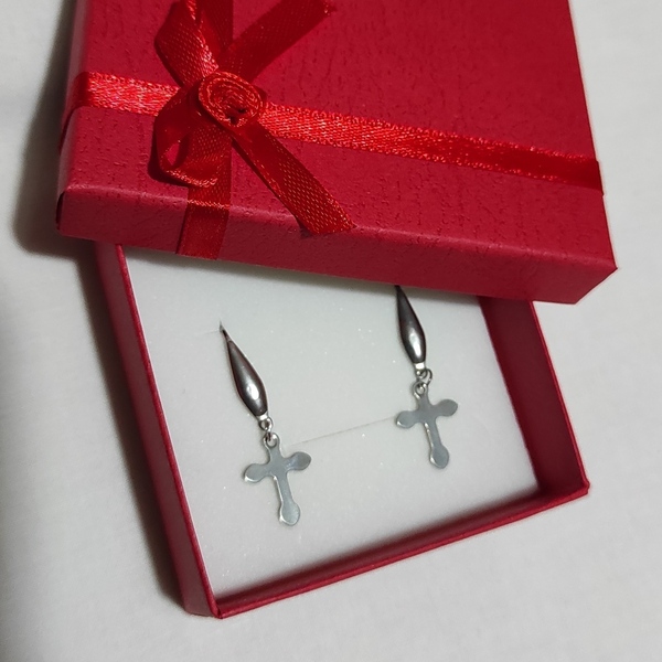 Ατσάλινα σκουλαρίκια σταυρός ασημί - σταυρός, μαμά, ατσάλι, κρεμαστά, δώρα για γυναίκες - 5