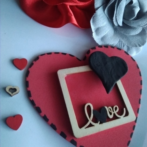 Μαγνητάκι με ξύλινα στοιχεία και καρδία απο πηλό 10cm - Δώρο Αγάπης - πηλός, δώρα επετείου, διακοσμητικά, μαγνητάκια, αγ. βαλεντίνου - 2