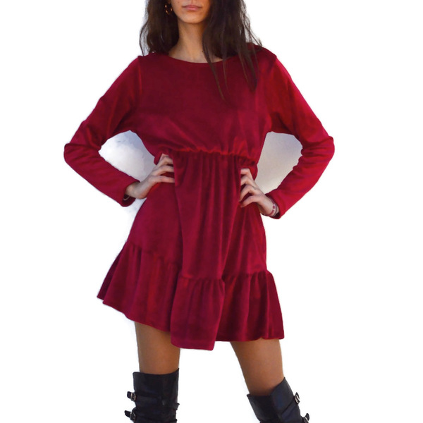 Κόκκινο φόρεμα από βελούδο - βαμβάκι, mini, βελούδο
