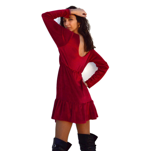 Κόκκινο φόρεμα από βελούδο - βαμβάκι, mini, βελούδο - 3