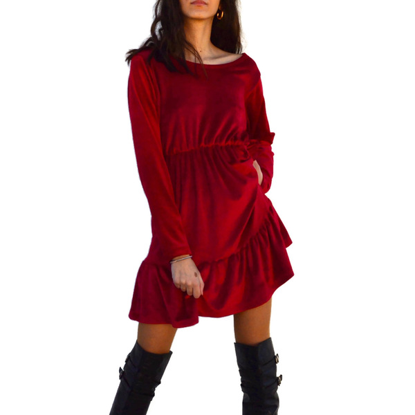 Κόκκινο φόρεμα από βελούδο - βαμβάκι, mini, βελούδο - 2