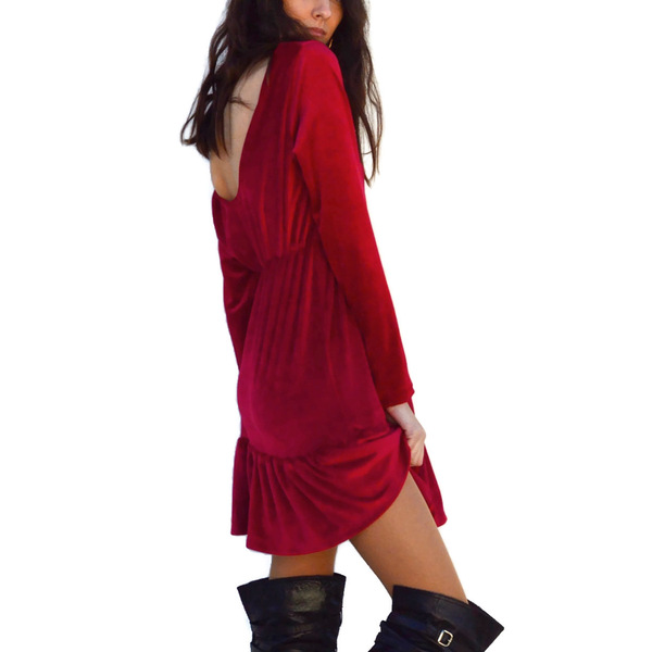 Κόκκινο φόρεμα από βελούδο - βαμβάκι, mini, βελούδο - 5