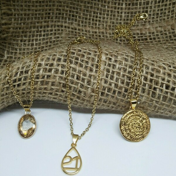 Gold plated '21 necklace - charms, δάκρυ, ατσάλι, γούρια