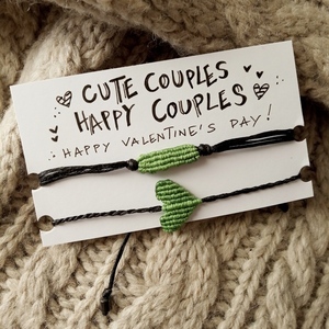 Σετ μακραμέ βραχιολιών πράσινο "cute couple" - καρδιά, μακραμέ, κορδόνια, ζευγάρια, αυξομειούμενα