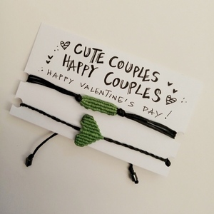 Σετ μακραμέ βραχιολιών πράσινο "cute couple" - καρδιά, μακραμέ, κορδόνια, ζευγάρια, αυξομειούμενα - 2