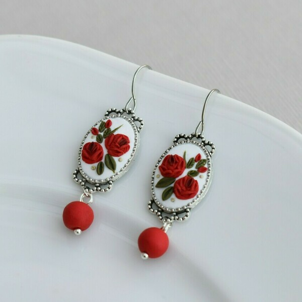 "Vintage Valentine"- Χειροποίητα κρεμαστά vintage σκουλαρίκια (ατσάλι, πηλός) (5εκ.) - κρεμαστά, ατσάλι, πηλός, λουλούδι, αγ. βαλεντίνου, γάντζος - 2