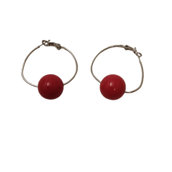 Σκουλαρίκια κρίκοι κόκκινη χάντρα 4cm - κρίκοι, μικρά, faux bijoux, αγ. βαλεντίνου