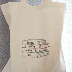 Τσάντα πάνινη tote bag από 100% βαμβακερό ύφασμα κεντημένη στο χέρι, σχέδιο "Books" - ύφασμα, ώμου, δώρα για δασκάλες, tote - 3