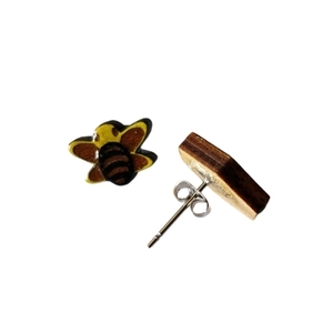 "Μέλισσα και Κηρήθρα!" - Καρφωτά σκουλαρίκια από ξύλο κίτρινο μαύρο καφέ 1,3 εκ. ζωγραφισμένα στο χέρι, βάση ατσάλι - πρωτότυπο, καρφωτά, μικρά - 3