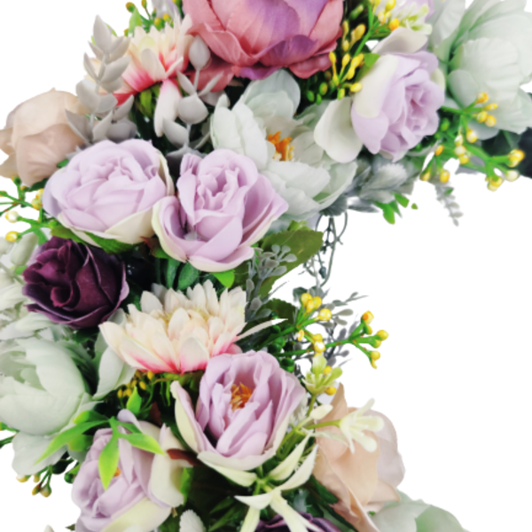 Χειροποίητο στεφανι 25 εκ με υφασμάτινα λουλουδια σε παστέλ αποχρώσεις - στεφάνια - 2