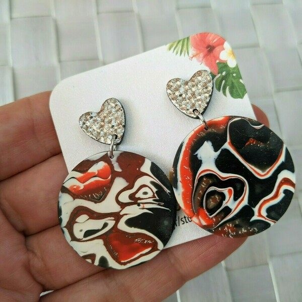 Heart Earrings Polymer Clay - καρδιά, πηλός, ατσάλι, κρεμαστά - 2