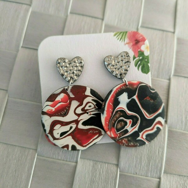 Heart Earrings Polymer Clay - καρδιά, πηλός, ατσάλι, κρεμαστά - 3