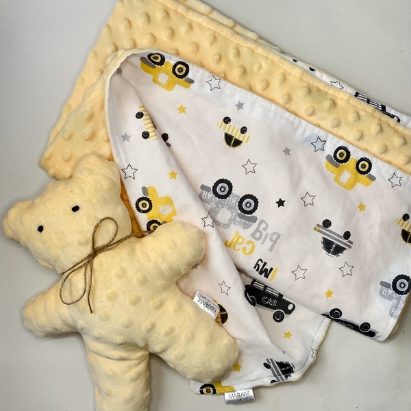 Σετ κουβερτακι με αρκουδάκι minky ‘κίτρινο παστέλ’ - δώρο, δώρα για βάπτιση, βρεφικά, κουβέρτες - 3