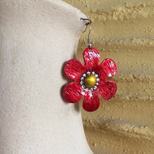 Κόκκινα εντυπωσιακά σκουλαρίκια "Μαργαρίτες" - αλπακάς, λουλούδι, κρεμαστά, μεγάλα - 3