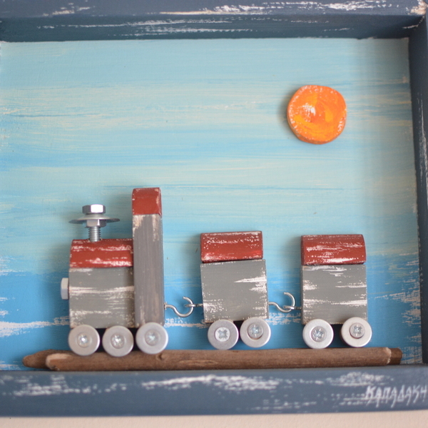 Κάδρο τοίχου ξύλινο χειροποίητο Τρένο 24x20x5 Μπλέ Καπαδάκης - ζωγραφισμένα στο χέρι, πίνακες & κάδρα, αγόρι, χειροποίητα, παιδικά κάδρα - 5