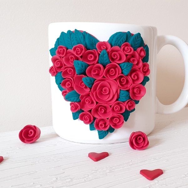 Χειροποίητη κούπα καρδιά με ανθοδέσμη τριαντάφυλλων - καρδιά, τριαντάφυλλο, πηλός, δώρα αγίου βαλεντίνου, κούπες & φλυτζάνια - 2
