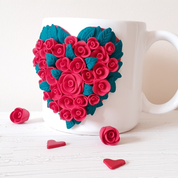 Χειροποίητη κούπα καρδιά με ανθοδέσμη τριαντάφυλλων - καρδιά, τριαντάφυλλο, πηλός, δώρα αγίου βαλεντίνου, κούπες & φλυτζάνια - 3