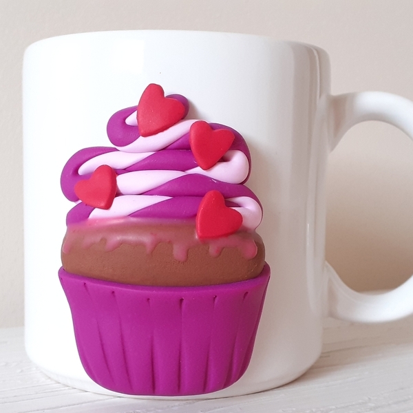Χειροποίητη κούπα cupcake με καρδιές - καρδιά, χειροποίητα, δώρα γενεθλίων, κούπες & φλυτζάνια
