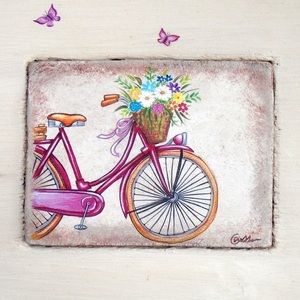 Ξύλινο κάδρο 26X19εκ., με ποδήλατο, λουλούδια και πεταλούδες. - ξύλο, πίνακες & κάδρα, πηλός, πίνακες ζωγραφικής - 2