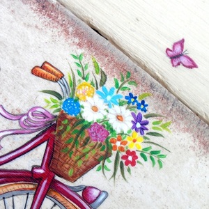 Ξύλινο κάδρο 26X19εκ., με ποδήλατο, λουλούδια και πεταλούδες. - ξύλο, πίνακες & κάδρα, πηλός, πίνακες ζωγραφικής - 3