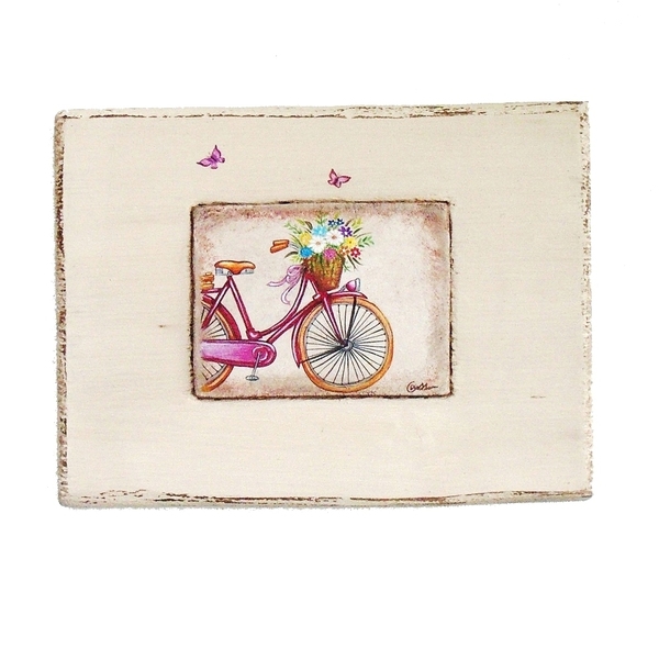 Ξύλινο κάδρο 26X19εκ., με ποδήλατο, λουλούδια και πεταλούδες. - ξύλο, πίνακες & κάδρα, πηλός, πίνακες ζωγραφικής