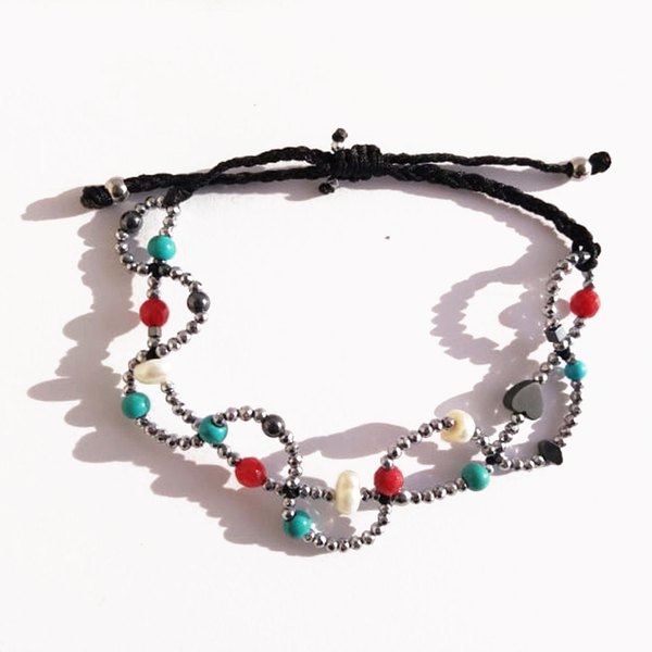 BOHO CHIC Βραχιολι με μαργαριταρια - ημιπολύτιμες πέτρες, charms, καρδιά, χεριού, αυξομειούμενα