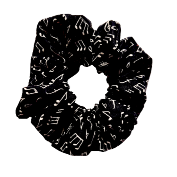 Μαύρο Scrunchie με λευκές νότες - ύφασμα, για τα μαλλιά, λαστιχάκια μαλλιών