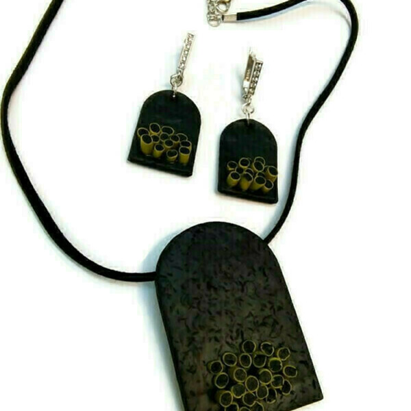 Σκουλαρικια από πολυμερικό πηλό Χειροποίητα κοσμήματα σε μαυρο - κιτρινο χρωμα..Μεταλλικοί γάντζοι σκουλαρικιών ασημένιοι 925 - πηλός, boho, κρεμαστά, μεγάλα - 4