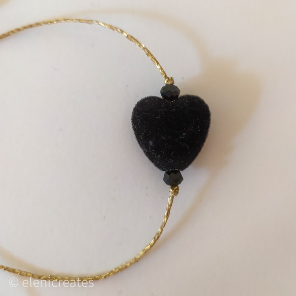 Βραχιόλι με μαύρη βελουτέ καρδιά - καρδιά, χάντρες, κοσμήματα, αγ. βαλεντίνου, χεριού, αυξομειούμενα - 4